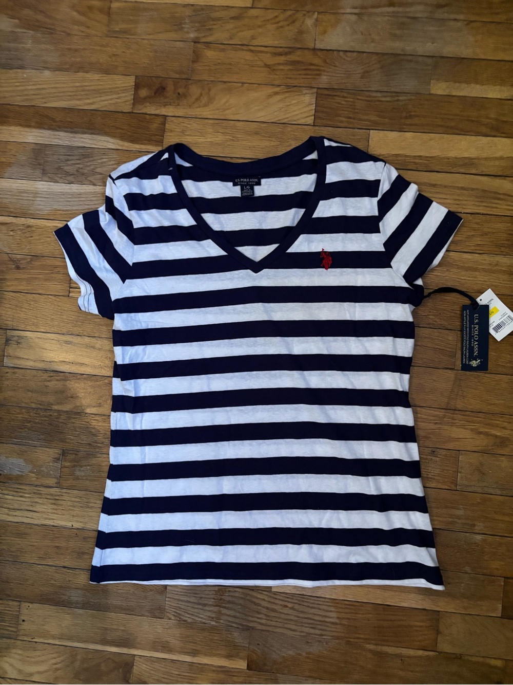 Brand New With Tags by U.S. Polo Assn. Navy & White Striped V-Neck Tee